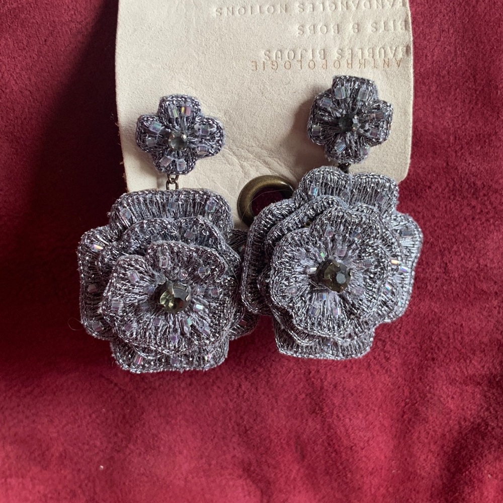 Anthropologie beaded and embroidered earrings grey